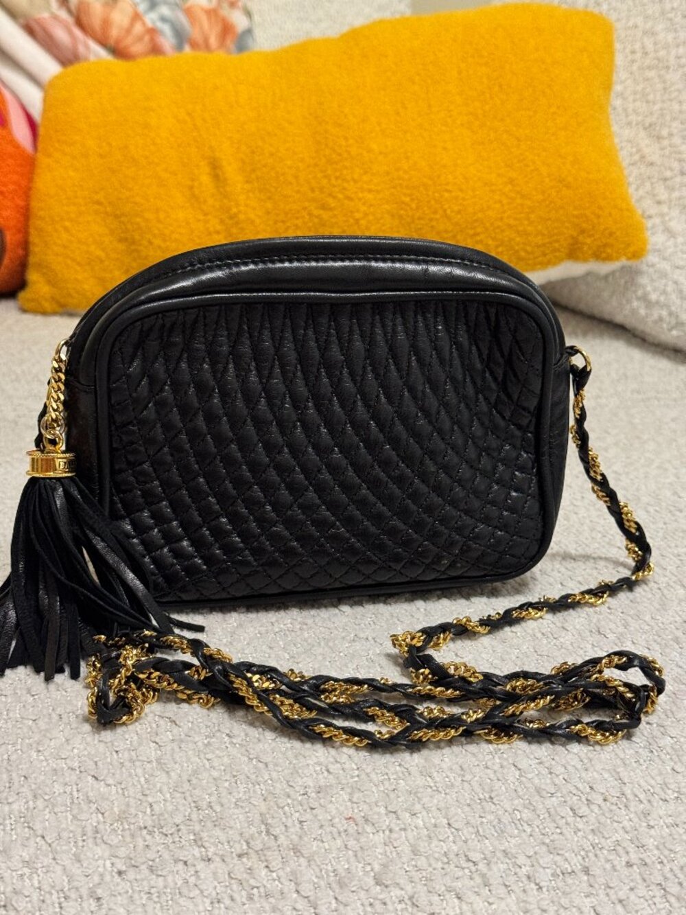Bally Quilted Black Leather Crossbody Gold Braided Chain Strap Tassel Detail COA